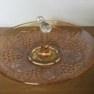 Vintage Carnival luster Glass serving tray plate with handle grapes motif Amber